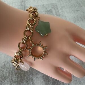 ! Luna Norte Toggle Brass Bracelet Gold Color w Jade & Mother of Pearl Charms